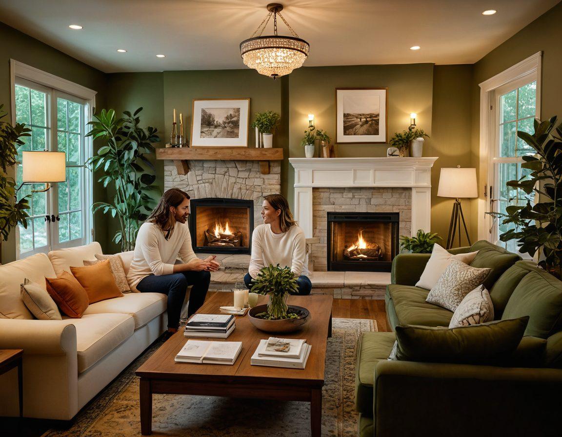 A warm and inviting living room with a cozy fireplace, filled with family portraits and plants, symbolizing love and relationships. Include a couple discussing plans at a table with blueprints of a house, showcasing collaboration. Soft, ambient lighting enhances the atmosphere, promoting feelings of togetherness and harmony. super-realistic. warm colors. soft focus.