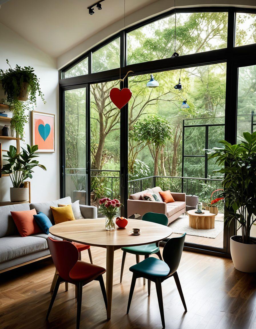 A warm, inviting interior of a cozy home filled with personal touches, such as family photos and plants, contrasted with images of diverse properties being transformed into homes. Include elements like a loving family engaging in activities together and a heart-shaped key symbolizing affection in property deals. Soft, glowing light enhances the loving atmosphere. vibrant colors. super-realistic.