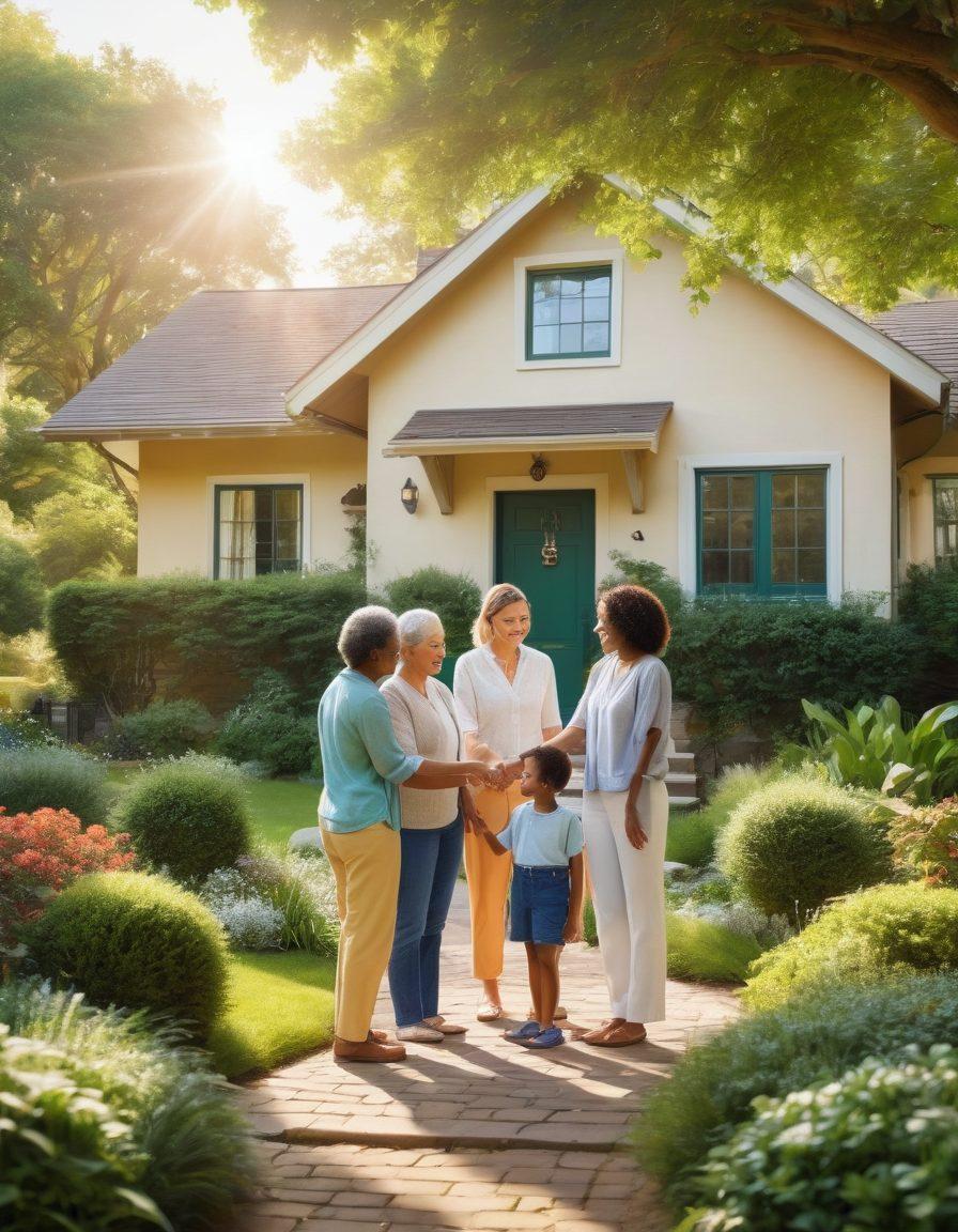 A warm and inviting scene depicting a diverse group of people shaking hands and sharing smiles in front of a cozy house, symbolizing community and connection. Soft sunlight filters through lush trees, creating a peaceful atmosphere. Include visual elements of care, like a heart symbol subtly integrated into the background. The image should evoke feelings of trust and collaboration in the real estate context. super-realistic. vibrant colors. motivational.